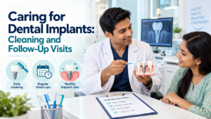 Dentist explaining dental implant cleaning and follow-up care to an adult patient