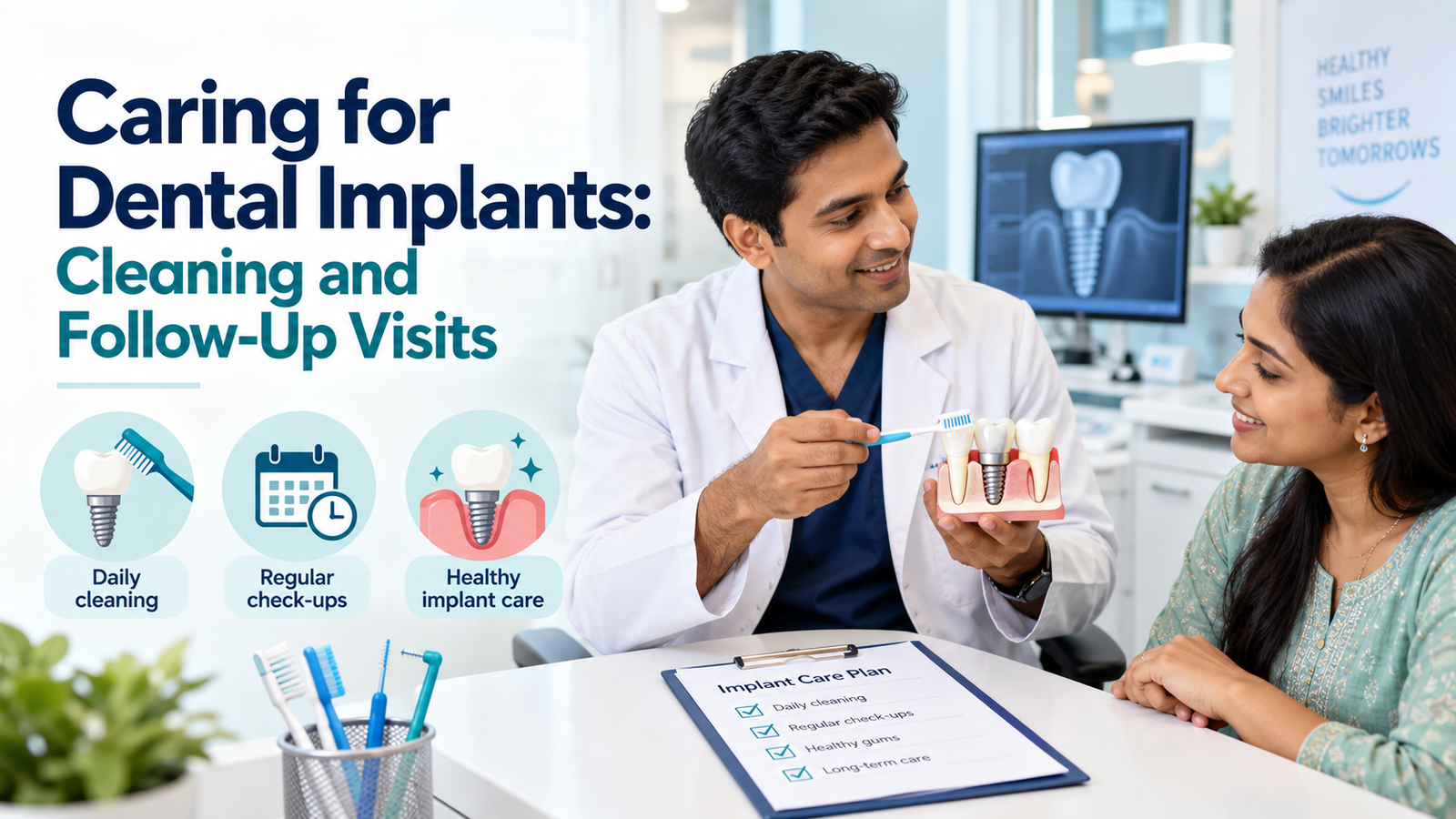 Dentist explaining dental implant cleaning and follow-up care to an adult patient