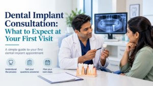 Dentist discussing a dental implant treatment plan with an adult patient in Jubilee Hills