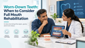 Dentist discussing worn teeth and full mouth rehabilitation planning with an adult patient